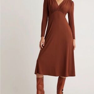 Quince Tencel Jersey V Neck Dress Brown Long Sleeve Size L